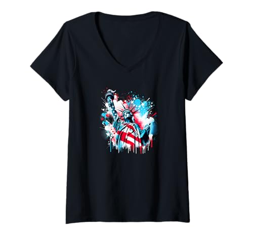 Damen American Style: Freiheitsstatue im Sprühfarben-Stil T-Shirt mit V-Ausschnitt Damen American Style: Freiheitsstatue im Sprühfarben-Stil T-Shirt mit V-Ausschnitt von Globus Style