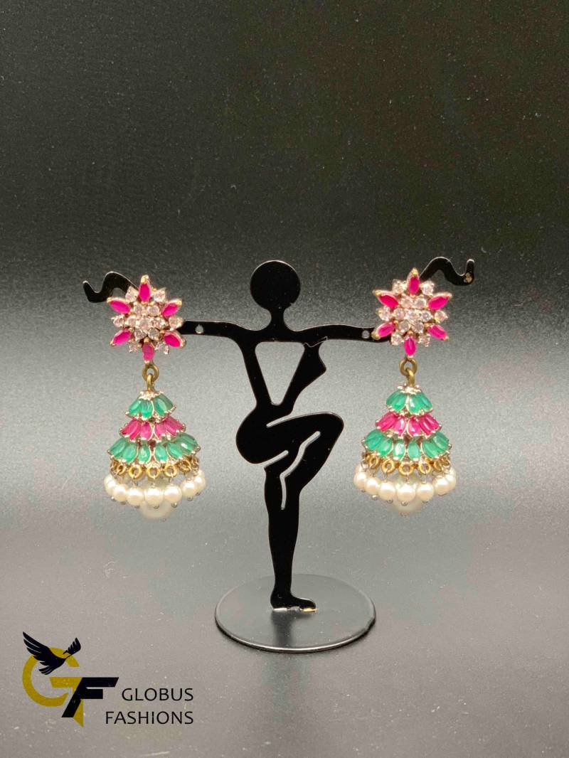 Silber Ohrringe| Ohrringe | Jumka Multicolor Steine Jumkas| Perlen von Globusfashions