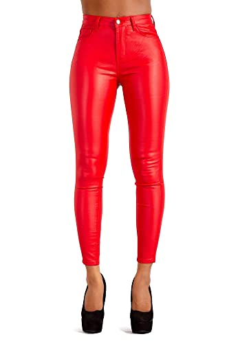 Glook Hochwertige Damenhosen, Glatte Damen Hose, Frauen Kunstlederhose, PU Lederhose Jean | Skinny Slim Fit Strumpfhose in voller Länge Stylische Hose mit Reißverschlüssen (40, Rot) von Glook