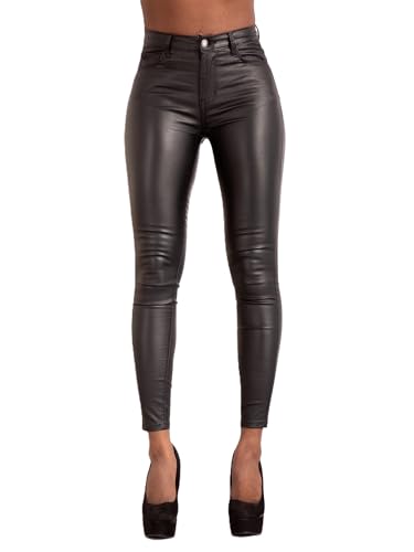 Glook Hochwertige Damenhosen, Glatte Damen Hose, Frauen Kunstlederhose, PU Lederhose Jean (XL, Schwarz 2) von Glook