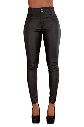 Glook Damen Kunstlederhose Skinny Bikerhose Leder Look Hohe Taille Jeans (34, Schwarz) von Glook