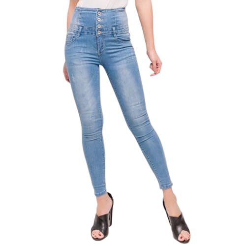 Glook Damen High Waist Jeans – Stretch Skinny Jeans mit 4 Knöpfen, Faded Blue, Po Push-Up Effekt, Figurformend (L, Verblasstes Blau) von Glook