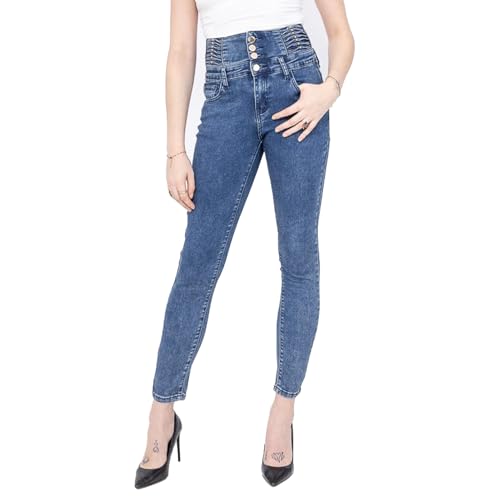 Glook Damen High Waist Jeans – Skinny Stretch Jeans mit 4 Knöpfen, Figurformende Shaping Hose, Po Push-Up Effekt (S, Blau 7) von Glook