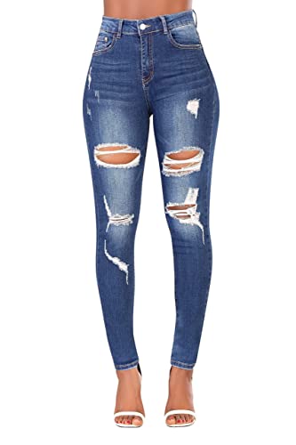 Glook Skinny Jeans Damen High Waist Stretch Hose Slim Fit mit hohem Bund und Po-Pushup Effekt (XS, Zerrissene Jeans) von Glook