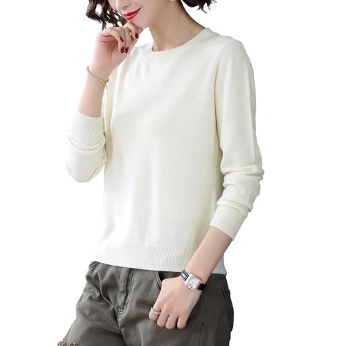 Gloop Damen Einfarbig Langarm Pullover Casual Strickpullover Sweatshirt Feinstrick Pullover (DE/NL/SE/PL, Alphanumerisch, M, L, Regular, Regular, Creamweiss) von Gloop