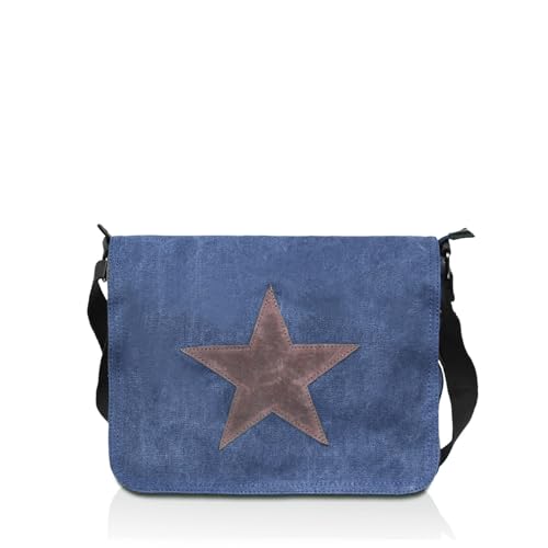 Gloop Damen Handtaschen Tasche Schultertasche Umhängetasche mit aufgenähtem Stern Maße 37 x 27 x 8 cm (Jeansblau) von Gloop