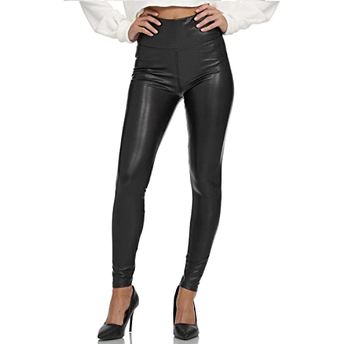 Gloop Damen Kunstleder Leggings High Waist Hose Strumpfhosen Treggins Leder Look Hüfthoch (DE/NL/SE/PL, Alphanumerisch, 3XL, Regular, Schwarz-Highwaist) von Gloop
