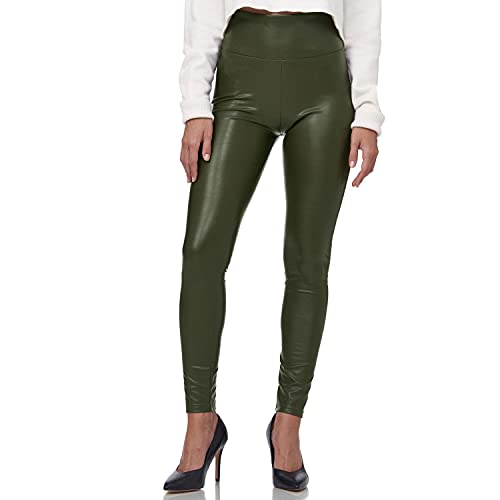 Gloop Damen Kunstleder Leggings High Waist Hose Strumpfhosen Treggins Leder Look Hüfthoch (DE/NL/SE/PL, Alphanumerisch, L, Regular, Dunkelgrüen-Highwaist) von Gloop