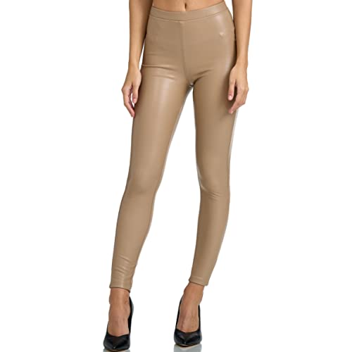 Gloop Damen Kunstleder Leggings High Waist Leggings Hose Strumpfhosen Treggins Leggings Leder Look hüfthoch (DE/NL/SE/PL, Alphanumerisch, L, Regular, Regular, Beige mit Po-Taschen) von Gloop