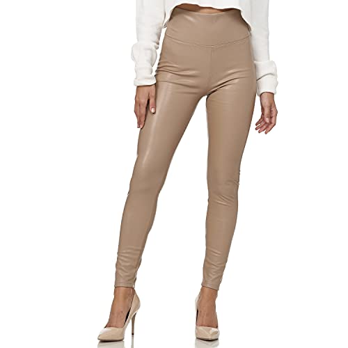 Gloop Damen Kunstleder Leggings High Waist Leggings Hose Strumpfhosen Treggins Leggings Leder Look hüfthoch (DE/NL/SE/PL, Alphanumerisch, XXL, Regular, Regular, Beige-Highwaist) von Gloop