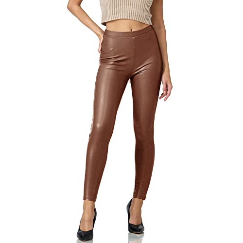 Gloop Damen Kunstleder Leggings High Waist Leggings Hose Strumpfhosen Treggins Leggings Leder Look hüfthoch (DE/NL/SE/PL, Alphanumerisch, L, Regular, Regular, Braun mit Po-Taschen) von Gloop