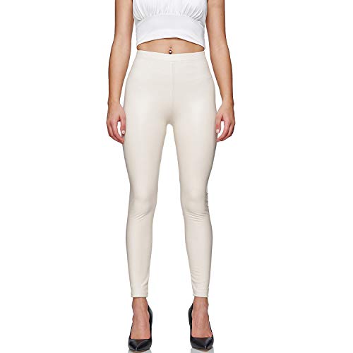 Gloop Damen Kunstleder Leggings High Waist Hose Strumpfhosen Treggins Leggins Leder Look Hüfthoch (DE/NL/SE/PL, Alphanumerisch, S, Regular, Cream) von Gloop