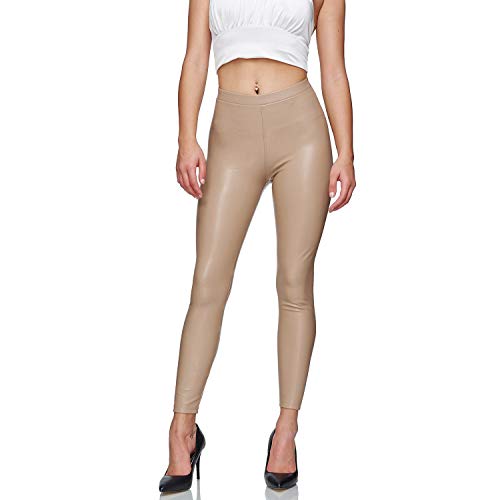 Gloop Damen Kunstleder Leggings High Waist Hose Strumpfhosen Treggins Leggins Leder Look Hüfthoch (DE/NL/SE/PL, Alphanumerisch, M, Regular, Dunkelbeige) von Gloop