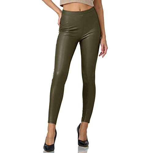 Gloop Damen Kunstleder Leggings High Waist Leggings Hose Strumpfhosen Treggins Leggings Leder Look hüfthoch (DE/NL/SE/PL, Alphanumerisch, L, Regular, Regular, Dunkelgruen mit Po-Taschen) von Gloop