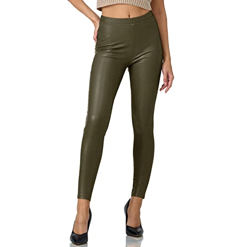 Gloop Damen Kunstleder Leggings High Waist Hose Strumpfhosen Treggins Leder Look Hüfthoch (DE/NL/SE/PL, Alphanumerisch, XL, Regular, Dunkelgrün Mit Po-Taschen) von Gloop