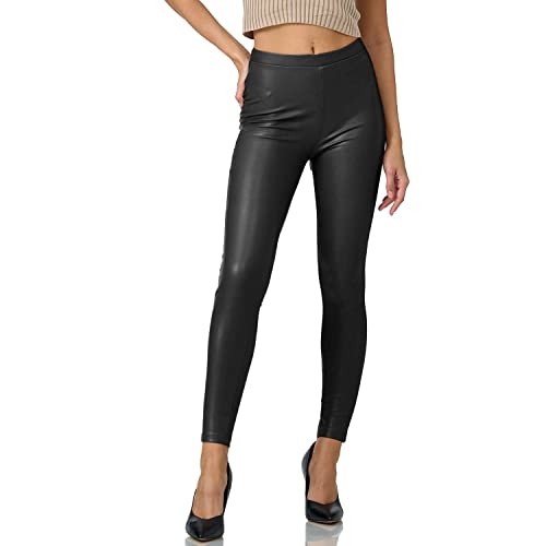 Gloop Damen Kunstleder Leggings High Waist Hose Strumpfhosen Treggins Leder Look Hüfthoch (DE/NL/SE/PL, Alphanumerisch, XL, Regular, Schwarz Mit Po-Taschen) von Gloop