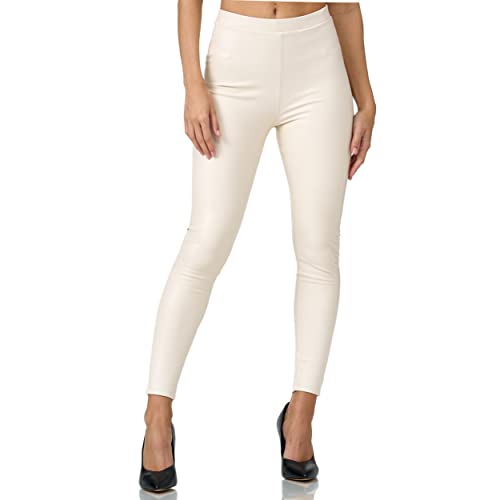 Gloop Damen Kunstleder Leggings High Waist Leggings Hose Strumpfhosen Treggins Leggings Leder Look hüfthoch (DE/NL/SE/PL, Alphanumerisch, S, Regular, Regular, Weiss mit Po-Taschen) von Gloop