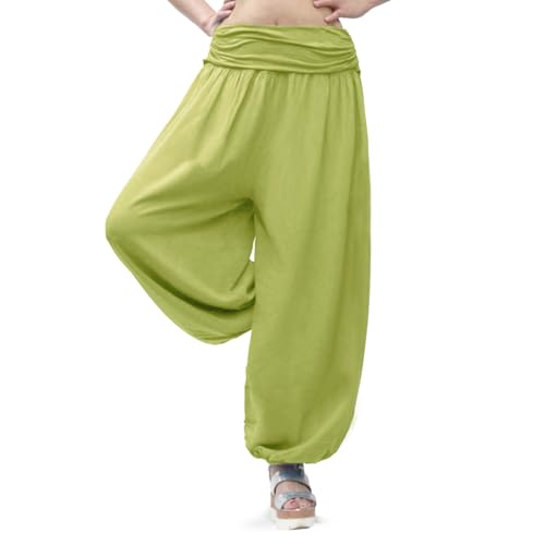 Gloop Damen Pumphose Haremhose Freizeithose Sommerhose Hose in Blumen Muster oder UniFarben HS201701 (DE/NL/SE/PL, Alphanumerisch, M, L, Regular, Regular, Grüngelb 13090a11) von Gloop