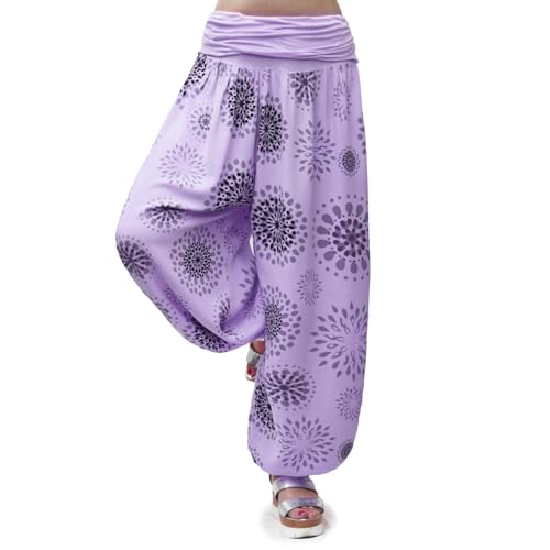 Gloop Damen Pumphose Haremhose Freizeithose Sommerhose Hose in Blumen Muster oder UniFarben HS201701 (DE/NL/SE/PL, Alphanumerisch, M, L, Regular, Regular, Dunkel Flieder 13024a18) von Gloop