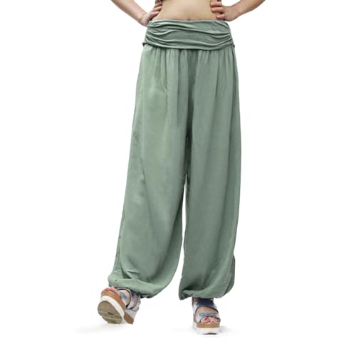 Gloop Damen Pumphose Haremhose Freizeithose Sommerhose Hose in Blumen Muster oder UniFarben HS201701 (DE/NL/SE/PL, Alphanumerisch, M, L, Regular, Regular, Grün 13090a2) von Gloop