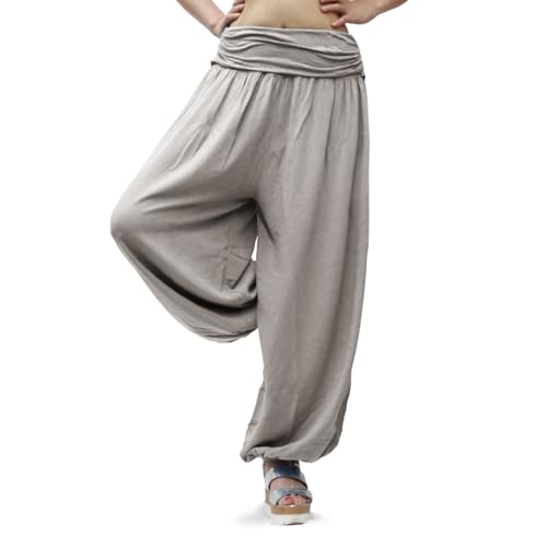 Gloop Damen Pumphose Haremhose Freizeithose Sommerhose Hose in Blumen Muster oder UniFarben HS201701 (DE/NL/SE/PL, Alphanumerisch, M, L, Regular, Regular, Uni Taupe 13090a34) von Gloop