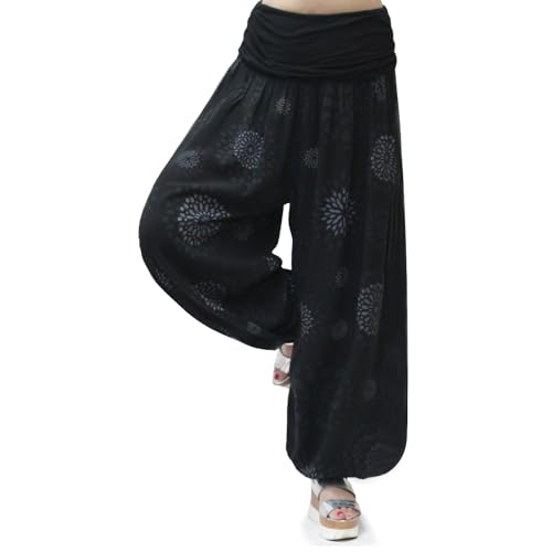 Gloop Damen Pumphose Haremhose Freizeithose Sommerhose Hose in Blumen Muster oder UniFarben HS201702, Kreis-schwarz 13024a21, M/L von Gloop