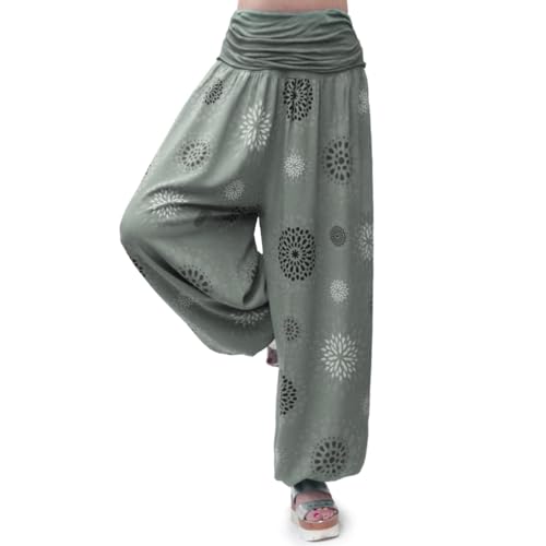 Gloop Damen Pumphose Haremhose Freizeithose Sommerhose Hose in Blumen Muster oder UniFarben HS201717, Khakigrün 13024a28, XL/XXXL von Gloop