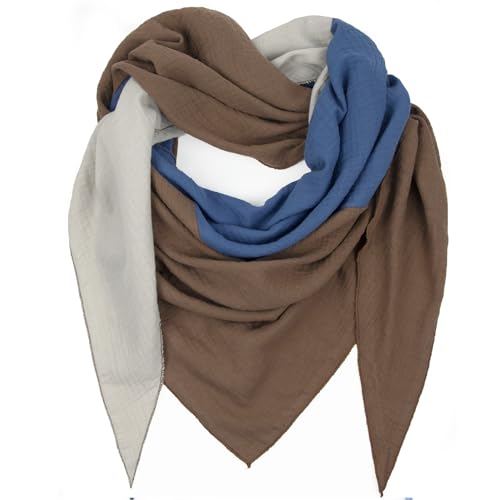 Gloop Damen Schal XXL Strick Dreieck Schal Halstuch Baumwolle Dreieckstuch Musselin Schal ohne Kratze an Haut (Dunkelbraun-Dunkelblau-Beige) von Gloop