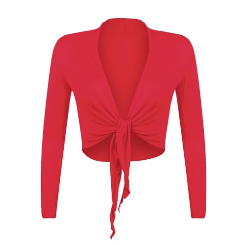 Gloop Damen Schöne, Elegante Bolero Jäckchen Langarm Bolero zum Knoten, Rot, M,Rot,M von Gloop