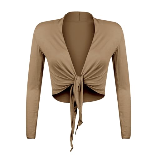 Gloop Damen Schöne, Elegante Bolero Jäckchen Langarm Bolero zum Knoten,Braun,M von Gloop