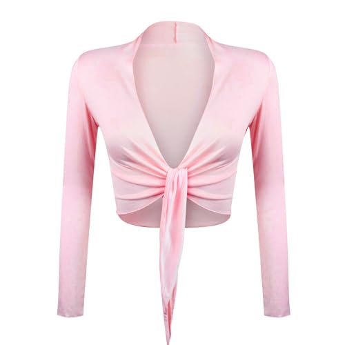 Gloop Damen Schöne, Elegante Bolero Jäckchen Langarm Bolero zum Knoten,Rosa,M von Gloop