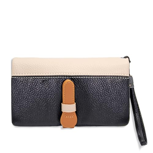 Gloop Elegante Ledertasche für Damen Bifold Slim Wallets Damen Kreditkartenhalter Reißverschluss Tasche (25041a4 Schwarz-Beige) von Gloop