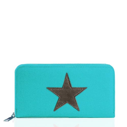 Gloop Damen Geldbörse mit Stern Muster, Türkis, Unisex, 60% Cotton 40% Polyester, 14 Fächer, 19.5 cm x 10 cm x 2.5 cm, Reißverschluss, Sterne von Gloop