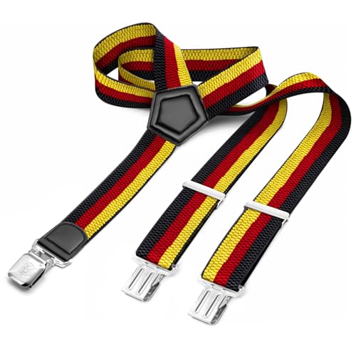 Gloop Hosenträger Herren Damen Breit Y-Form, elastisch & verstellbar mit 3 extra starken Metallclips in Y-Form (18729a1 Schwarz-Gelb-Rot) von Gloop