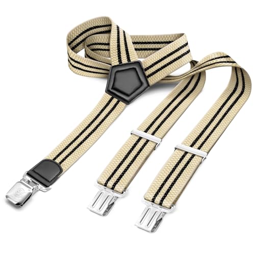 Gloop Hosenträger Herren Damen Breit Y-Form, elastisch & verstellbar mit 3 extra starken Metallclips in Y-Form (18729a3 Beige-Schwarz) von Gloop
