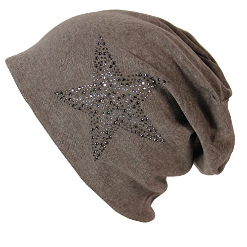 Gloop Klassische Jersey Baumwolle elastisches Long Slouch Beanie Unisex Herren Damen Mütze mit Stern Strass - Nieten Applikation 17168-P von Gloop