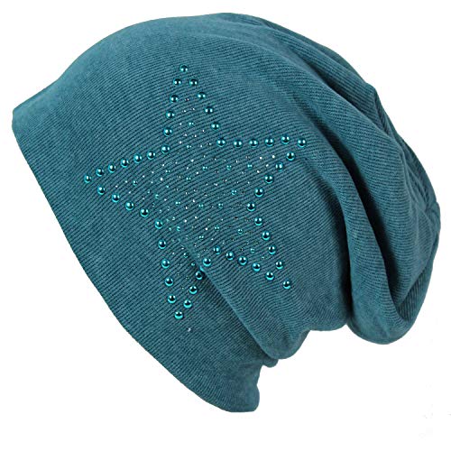 Gloop Klassische Jersey Baumwolle elastisches Long Slouch Beanie Unisex Herren Damen Mütze mit Stern Strass - Nieten Applikation 17168-P von Gloop