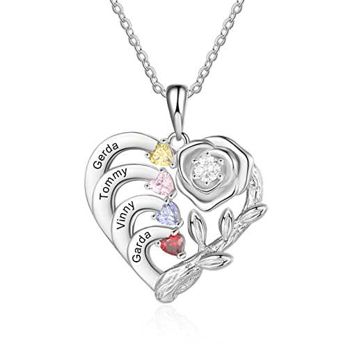 Glooraca Benutzerdefinierte simulierten Geburtsstein Halskette für Frauen mit 1-4 Namen personalisierte Herz Anhänger Halsketten für Mama Frau Oma (4 Names) von Glooraca