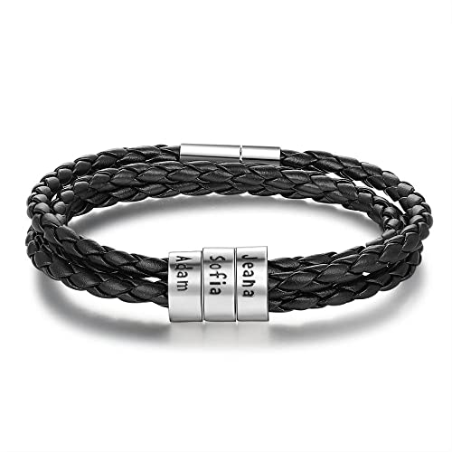 Glooraca Herren Lederarmbänder Personalisierte Name Graviert Armband Ledergeflecht Armband Geschenke für Männer Papa Ehemann Opa Freunde 1-6 Namen (3 Names) von Glooraca