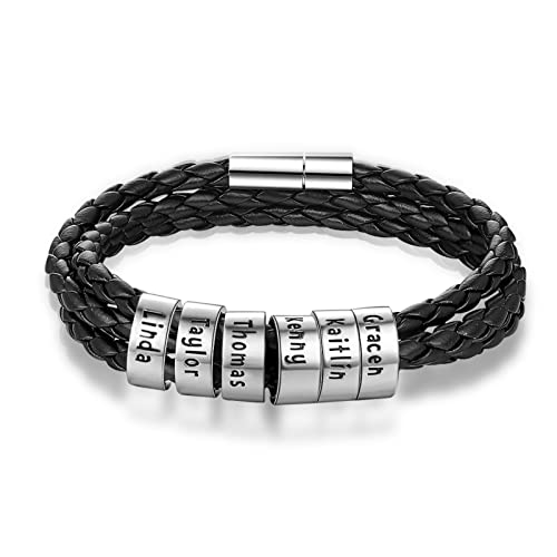 Glooraca Herren Lederarmbänder Personalisierte Name Graviert Armband Ledergeflecht Armband Geschenke für Männer Papa Ehemann Opa Freunde 1-6 Namen (6 Names) von Glooraca