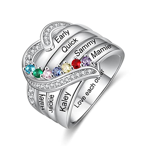 Glooraca Personalisierte Geburtssteine ​​Ring Damenringe mit 1-8 simulierten Geburtssteinen mit Namen 925 Sterling Silber Herz graviert Verlobungsversprechen Ehering Geschenk für Frauen von Glooraca