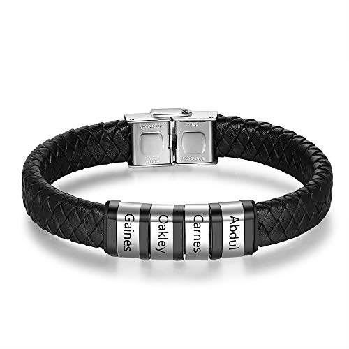 Glooraca Personalisierte Herren Name Armbänder benutzerdefinierte Geflecht Lederarmband mit 1-8 Namen eingraviert benutzerdefinierte Namen Armband für Vater Ehemann Geschenke (Silver+Black, 2 Names) von Glooraca