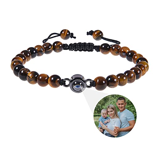 Glooraca Tigerauge Perlen Armbänder Personalisierte Foto Projektion Armband für Männer Benutzerdefinierte Armbänder mit Bild innen Personalisierte Geschenke für Papa Ehemann Freund. (B) von Glooraca