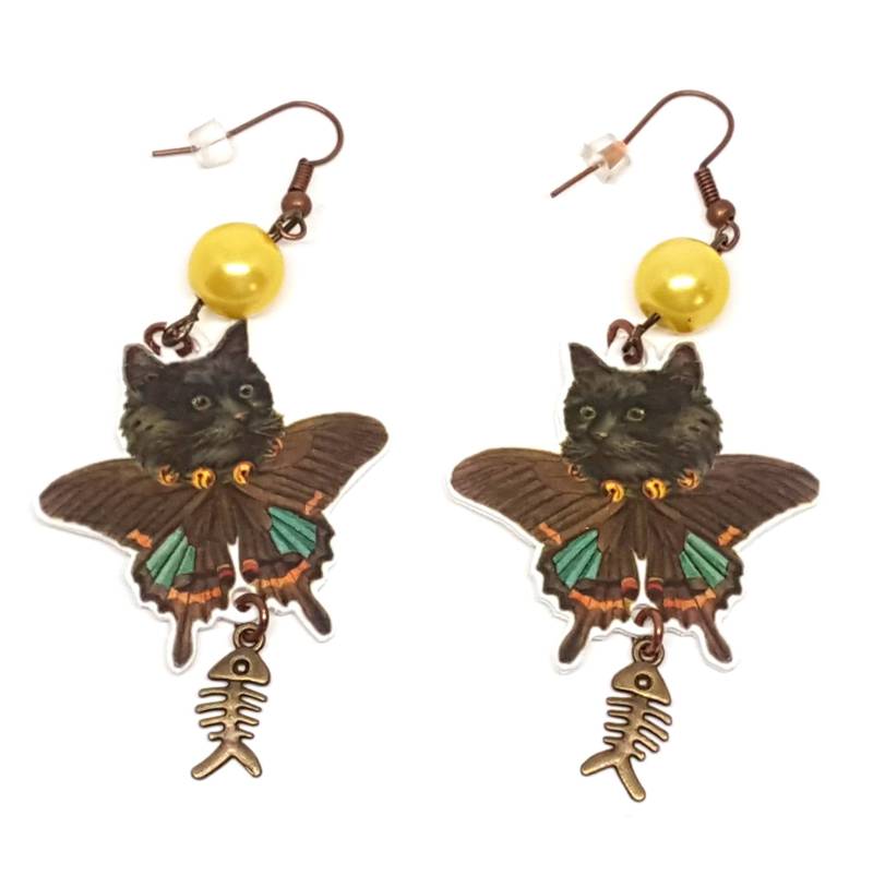 Gruselige Katze Schmetterlingsohrringe, Schwarze Katzenohrringe, Ohrhänger Katze, Fisch Kratzen, Seltsame Ohrringe, Halloween Katzenohrringe von GloriaSanchezArtist