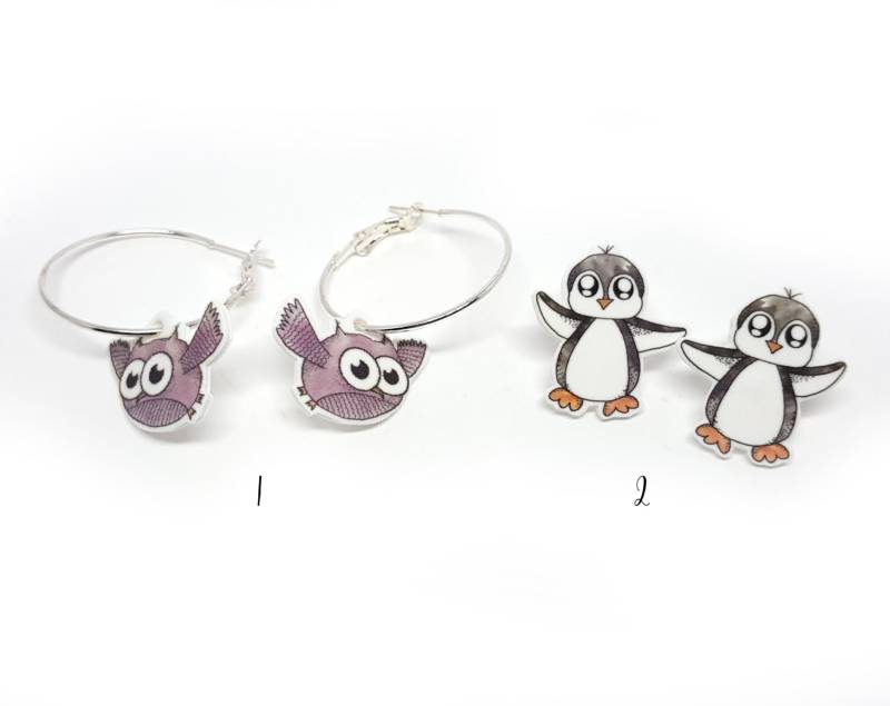 Niedlichen Pinguin Und Eulen Ohrringe, Tier Acryl Illustrated Schmuck, Wereable Kunst, Ohrstecker, Aquarell Eule von GloriaSanchezArtist