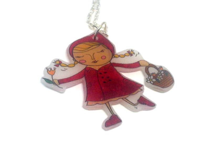 Weihnachtsverkauf, Little Red Riding Hood-Kette. Kinderkette. Handgezeichnete Abbildung. Acryl Schmuck. Kleine Mädchen Jewerly von GloriaSanchezArtist