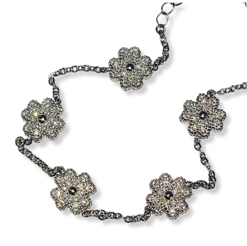 Blumen Moissanite Armband Aus 925 Rhodiniertem Silber, Rolo Kette, 5 Elemente Clover Klee Kleeblatt Blüte, Kugelförmig Perliert von GlorianaGioielli