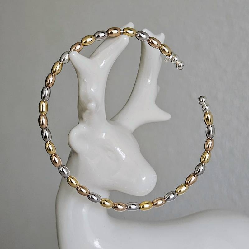 Pompon Armband, Armreif Mit Perlen 3 Töne Vergoldung, Gold Rosé Silber Oval Olivenperlen Metallisch Offen, Mädchen, Perlé Fassperlen von GlorianaGioielli