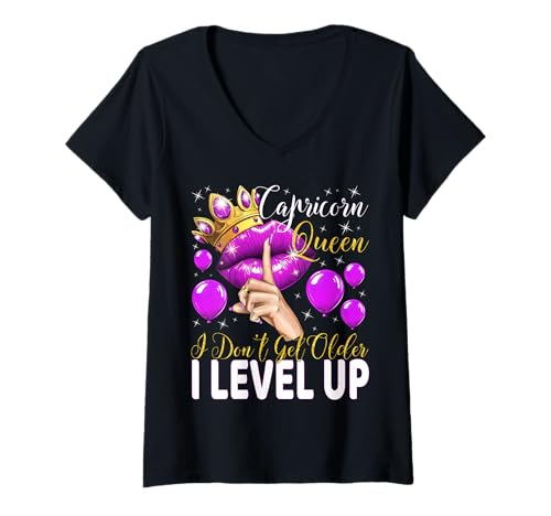 Damen Steinbockkönigin I Don't Get Older I Level Up Birthday Queen T-Shirt mit V-Ausschnitt von Glorious Royal Birthday Queens