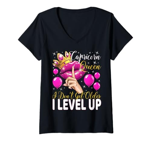 Damen Steinbockkönigin I Don't Get Older I Level Up Birthday Queen T-Shirt mit V-Ausschnitt von Glorious Royal Birthday Queens
